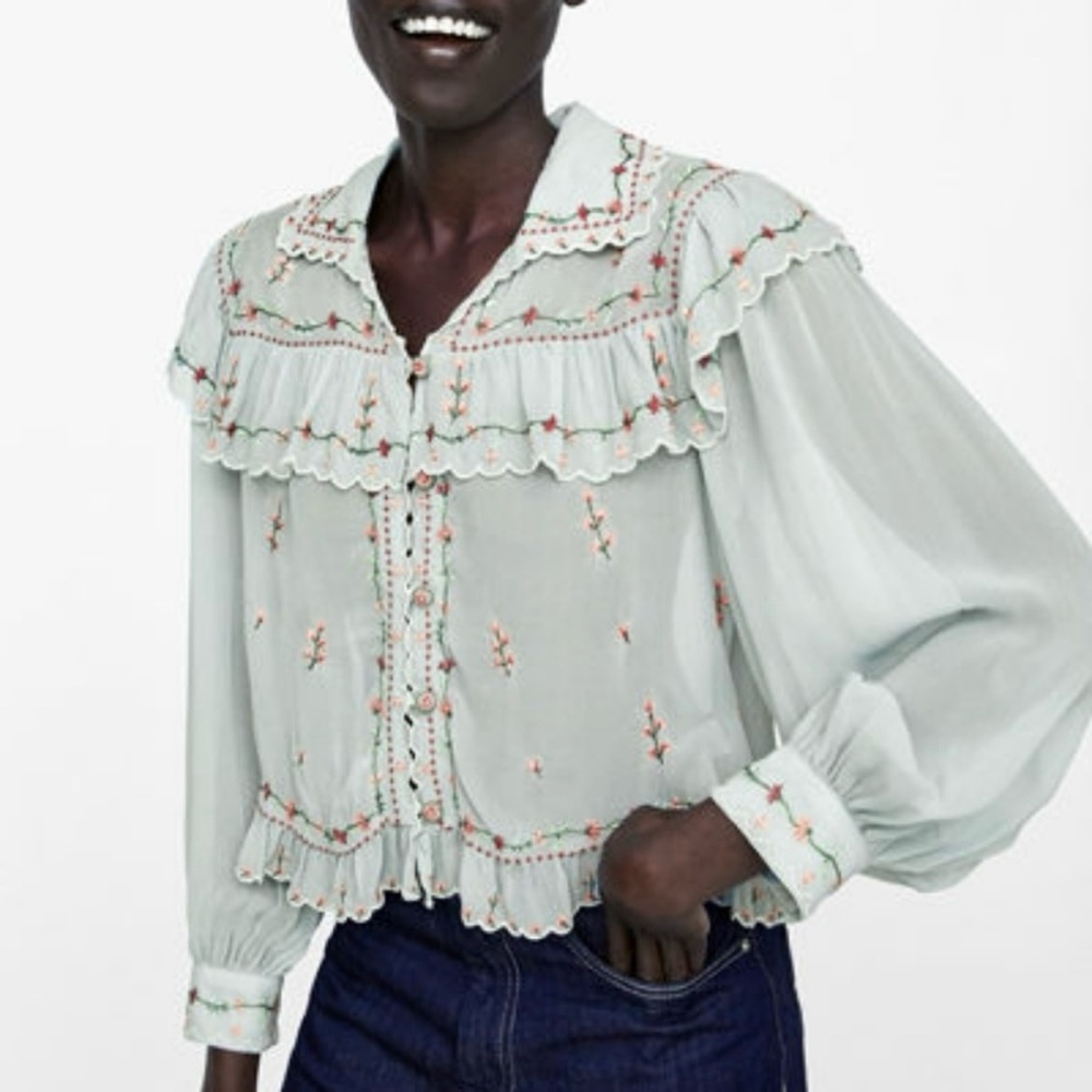 Zara Floral Embroidered Ruffle Sheer Blouse